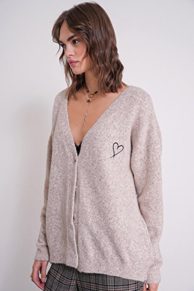 Mixray 6953 Women's Oversized Wool Blend Premium Heart Embroidered Cardigan Sand Marn