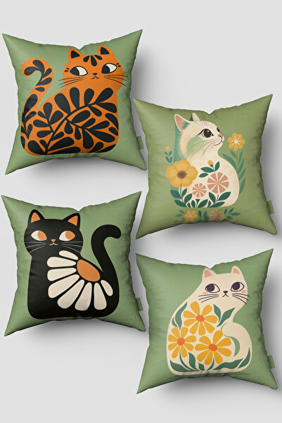 EsnafAli Πράσινες χαριτωμένες γάτες 4 τεμαχίων κάλυμμα μαξιλαριού ριχτάρι