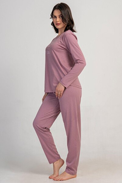 VİENETTA Kadın Büyük Beden Pembe Uzun Kollu Baskılı Pijama Takımı C9T0N0405