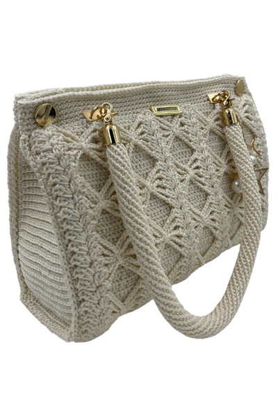 Wowolayn el örgüleri Krem Renk Makrome Kanvaslı Çanta