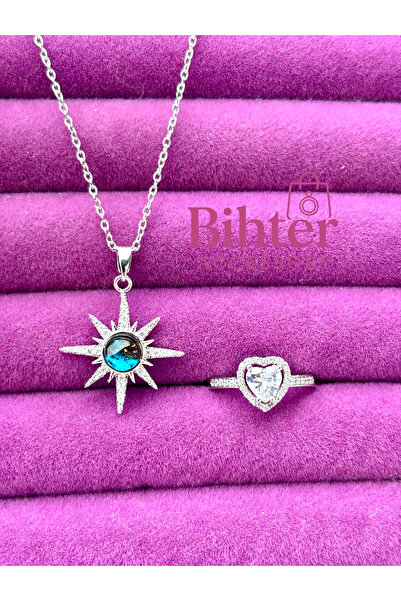 Bİ BONCUK طقم قلادة وخاتم من حجر الأوبال الفولاذي على شكل نجمة القطب، لا يصدأ ولا يتلطخ، هدية خاصة للمناسبات مع علبة