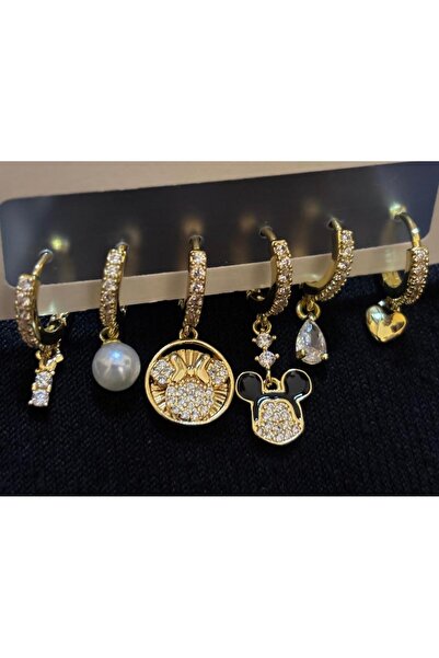 GOLD ÇELİK 6'LI MİCKEY MOUSE CHARM DETAY KÜPE SETİ