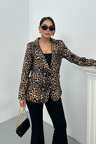 spirituel Women's Blazer Jacket Leopard Patterned Short Buttoned Lined Shoulder Pad Piece Jacket