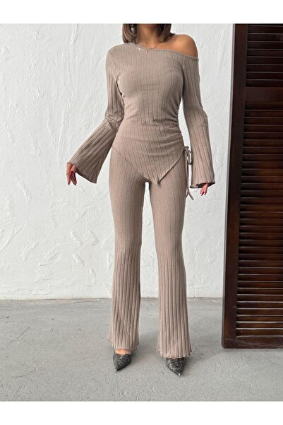 Jeevee Asymmetric Collar Adjustable Ruched Detail Corded Fabric Set