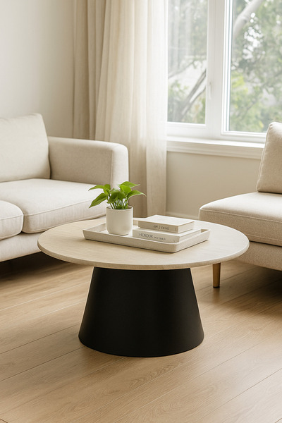 MARIA HOMES Modern Round Coffee Table with Wooden Top and Black Base Stylish Center Table 90×45cm