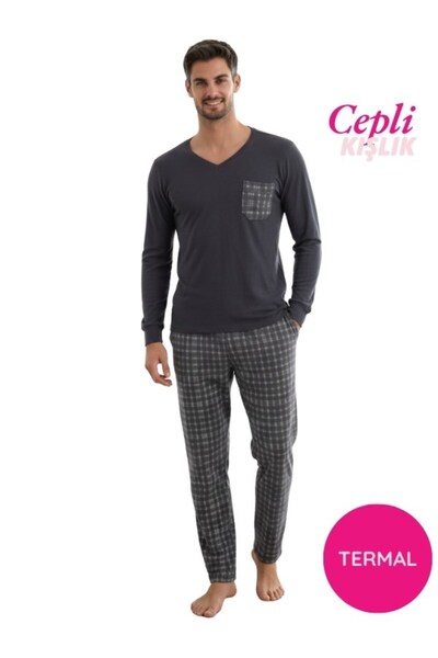 bie's Erkek Antrasit V Yaka Düğmesiz Göğüs Cepli Termal Bilek Manşetli Kışlık Uzun Kol Cepli Pijama Takımı