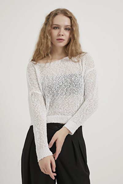 Modasultan Women's Standard Size Off-Shoulder See-Through Stylish and Elegant Design Knitwear Sweater