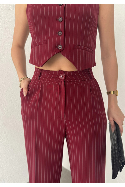asfamoda Women's Burgundy Striped Buttoned Vest Pleated Palazzo Pants Double Suit