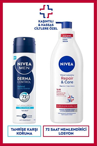 NIVEA MEN Erkek Sprey Deodorant Derma Control Defend 150ml ve Repair&Care Nemlendirici Vücut Losyonu