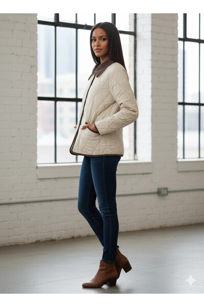 hazelin Women's Cream Snap Closure Velvet Detailed Quilted Coat Hzl25W-Bd152261