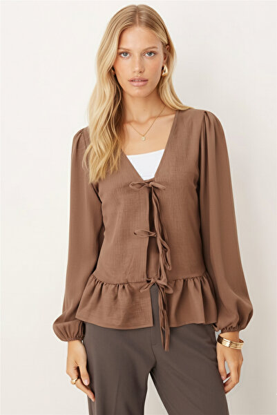 armonika Γυναικεία μπλούζα με λάστιχο στα μανίκια με βολάν στο κάτω μέρος της φούστας με κορδόνι μπροστά ARM-26K001019