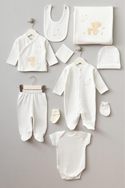 Bebitof 100% Cotton Cute Moon and Teddy Bear Patterned 10-Piece Boxed Newborn Hospital Release Bodysuit Set