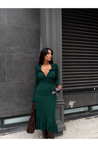 MODAMERSİ Γυναικείο πλεκτό φόρεμα με πράσινο λαιμόκοψη με λεπτομέρειες με βολάν