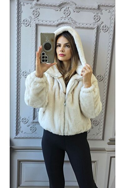 MAXORA SHOP Hanorac damă din blăniță artificială cu glugă și fermoar