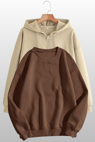 MODAGEN Unisex Kapüşonlu Fermuarlı Bej Hırka Bisiklet Yaka Kahverengi Sweatsh...