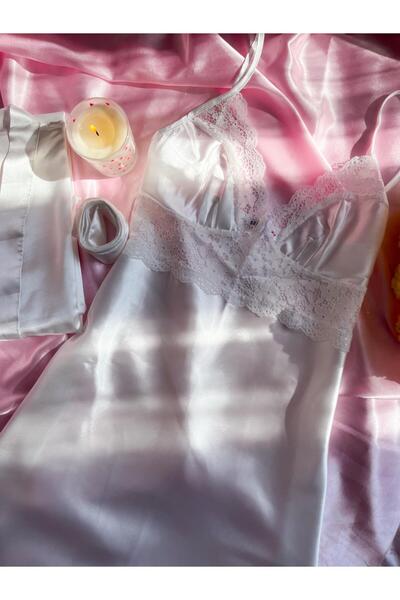 Lola Of Shine Carmen Amaya Koleksiyonu Beyaz Saten Gecelik & Sabahlık Takımı