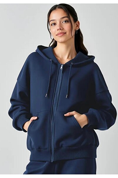 Kadın Basic 3 iplik Kanguru Cepli Organik Pamuk Fermuarlı Kapüşonlu Sweatshirt