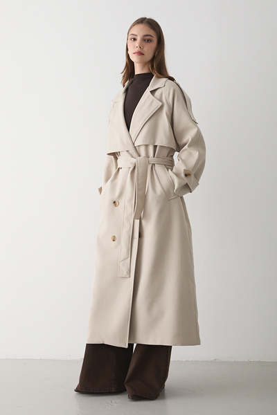 JASTE Kadın Bej Kruvaze Yaka Kuşaklı Uzun Trençkot