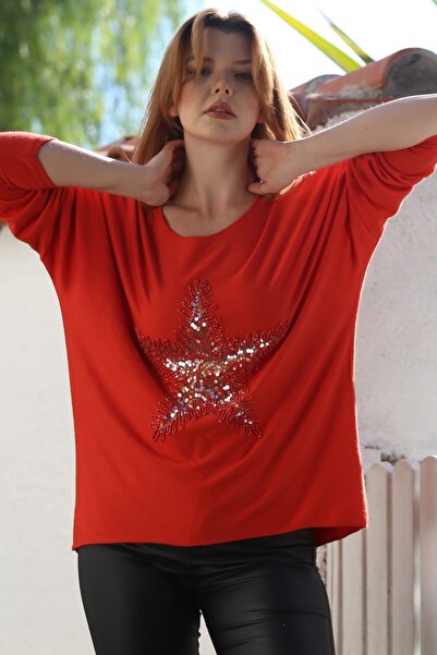 Chiccy Italian Pomegranate Flower Pool Neck Long Sleeve Star Applique Casual Soft Knit Blouse 72 65