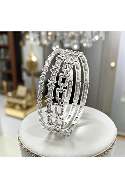 CLOVER JEWERLY مجموعة أساور فضية ثلاثية مرصعة بحجر الزركون - إكسسوار أنيق ورا...