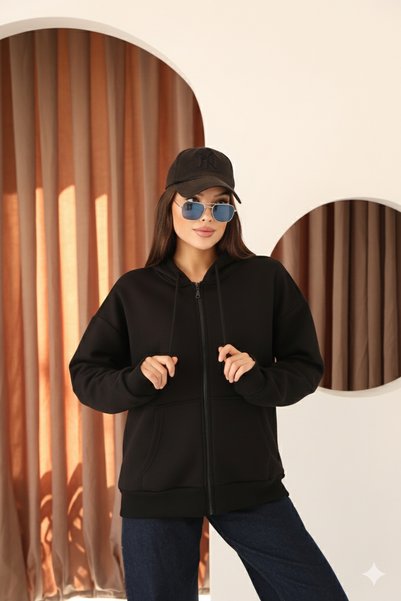 MOVİMENT Siyah Oversize İçi Polar Kapüşonlu Fermuar Detaylı Sweatshirt | Kanguru Cepli Uzun Kollu Günlük Casual Polar Sweat | Rahat Kesim Kadın Üst Giyim