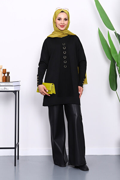 İmajButik Black Cold Yarn Knitwear Tunic with Front Detail
