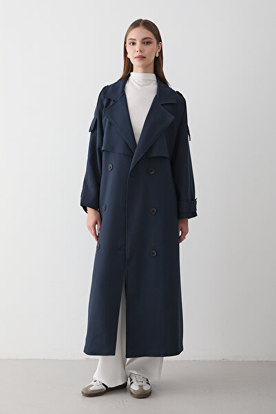 JASTE Kadın Lacivert Kruvaze Yaka Kuşaklı Uzun Trençkot