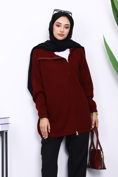 İmajButik Burgundy Thessaloniki Braided Zippered Knitwear Cardigan