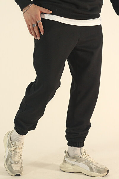 EydaMoon Men's Black Winter Cotton Soft Textured Comfortable Cut Sweatpants with Elasticated Legs
