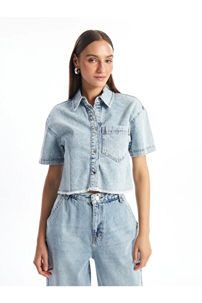 Biliş Nur Straight Short Sleeve Crop Women's Jean Shirt Tassel Hem