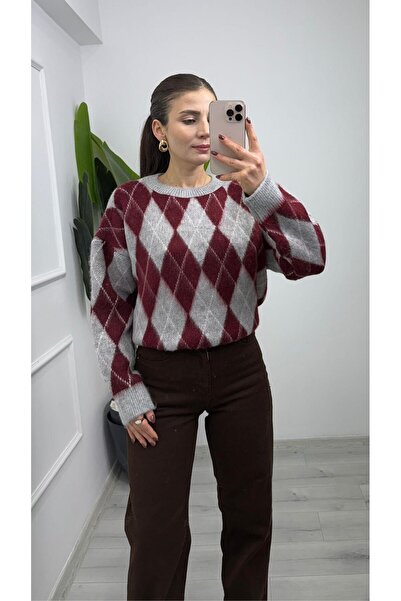 TUNAM BUTİK 4652 Diamond Pattern Soft Knit Sweater Gray Burgundy