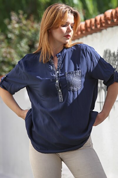 Chiccy Italian Navy Blue Judge Collar Buttoned Long Sleeve Sequin Pocket Casual Woven Blouse 72 65