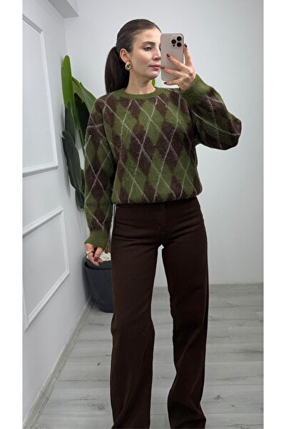 TUNAM BUTİK 4652 Diamond Pattern Soft Knit Sweater Khaki Brown