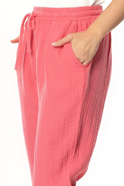 Eliş Şile Bezi Muslin Waist Tie Double Pocket Women's Summer Trousers Pink Pmb
