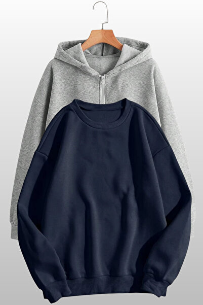 MODAGEN Unisex Kapüşonlu Fermuarlı Grimelanj Hırka Bisiklet Yaka Lacivert Swe...