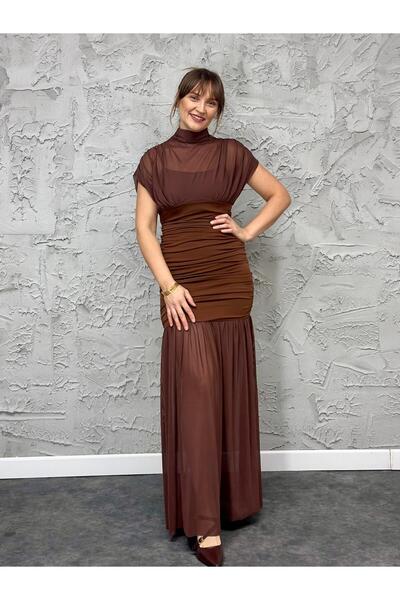 AzraKotan ABİYE DERYASI KALİTELİ JARSE KUMAŞ DRAPELİ VE TÜL DETAYLI ELBİSE