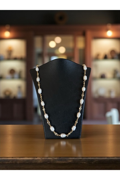 Taş-Mir Gold Zincir Detaylı Sertifikalı Oriijnal Arpa İnci Kolye 45 Cm