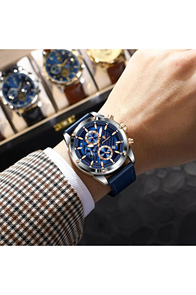 POEDAGAR Ceas bărbătesc elegant cu ace luminoase, cronograf cu dată automată, calendar, piele