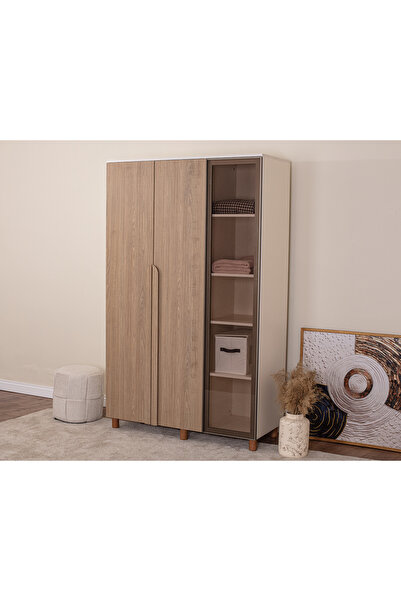 DONACO İtra 3 Kapaklı Gardırop – Krem Gövde, Meşe MDFLAM Camlı Kapak