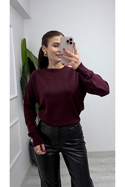 TUNAM BUTİK 10633 Crew Neck Wool Basic Knitwear Sweater Burgundy