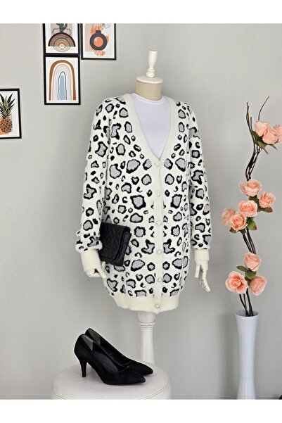 ENDAMIM Long Knit Cardigan Soft Fabric Plus Size Leopard Printed
