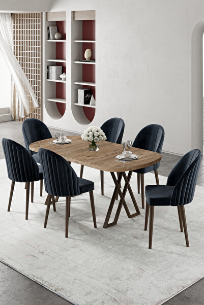 Canisa Kaye Serisi Mdf 90x168 Atlantik Çam Mutfak Masa Takımı 6 Antrasit Sand...