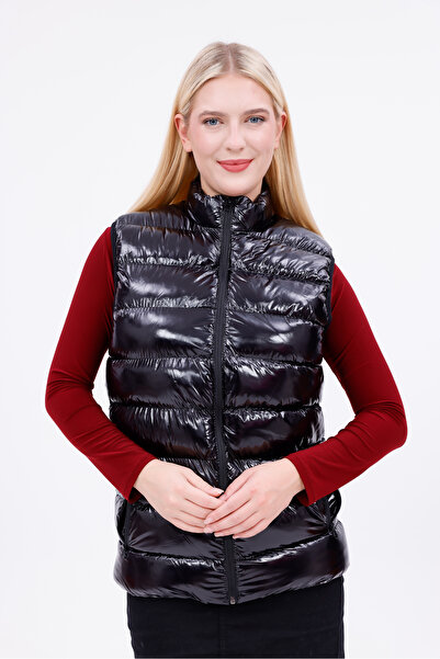 freemen Women's Black Shiny Fabric Puffer Vest