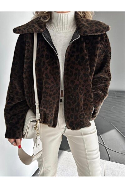 EGZOTİK ASORTİK Бомбър яке от камилска козина с леопардов принт