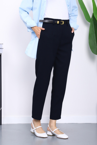 İmajButik Lacivert Kemerli Önü Pensli Havuç Kumaş Pantolon