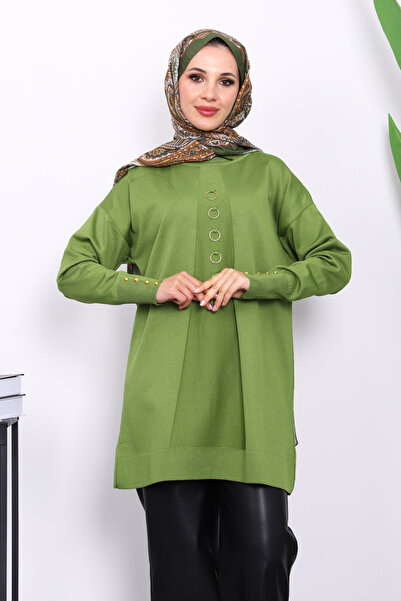 İmajButik Oil Green Cold Knitwear Tunic with Front Detail