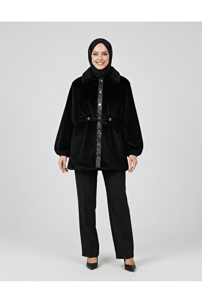 BENAHOLL Παλτό από βελούδινο ύφασμα με κουμπωτά κορδόνια στη μέση-BN8599 Μαύρο