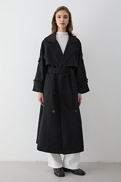JASTE Kadın Siyah Kruvaze Yaka Kuşaklı Uzun Trençkot