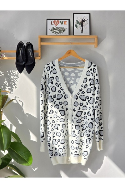 ENDAMIM Long Knit Cardigan Soft Fabric Plus Size Leopard Printed