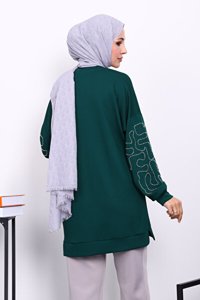 İmajButik Emerald Green Sleeve Embroidered Modal Tunic